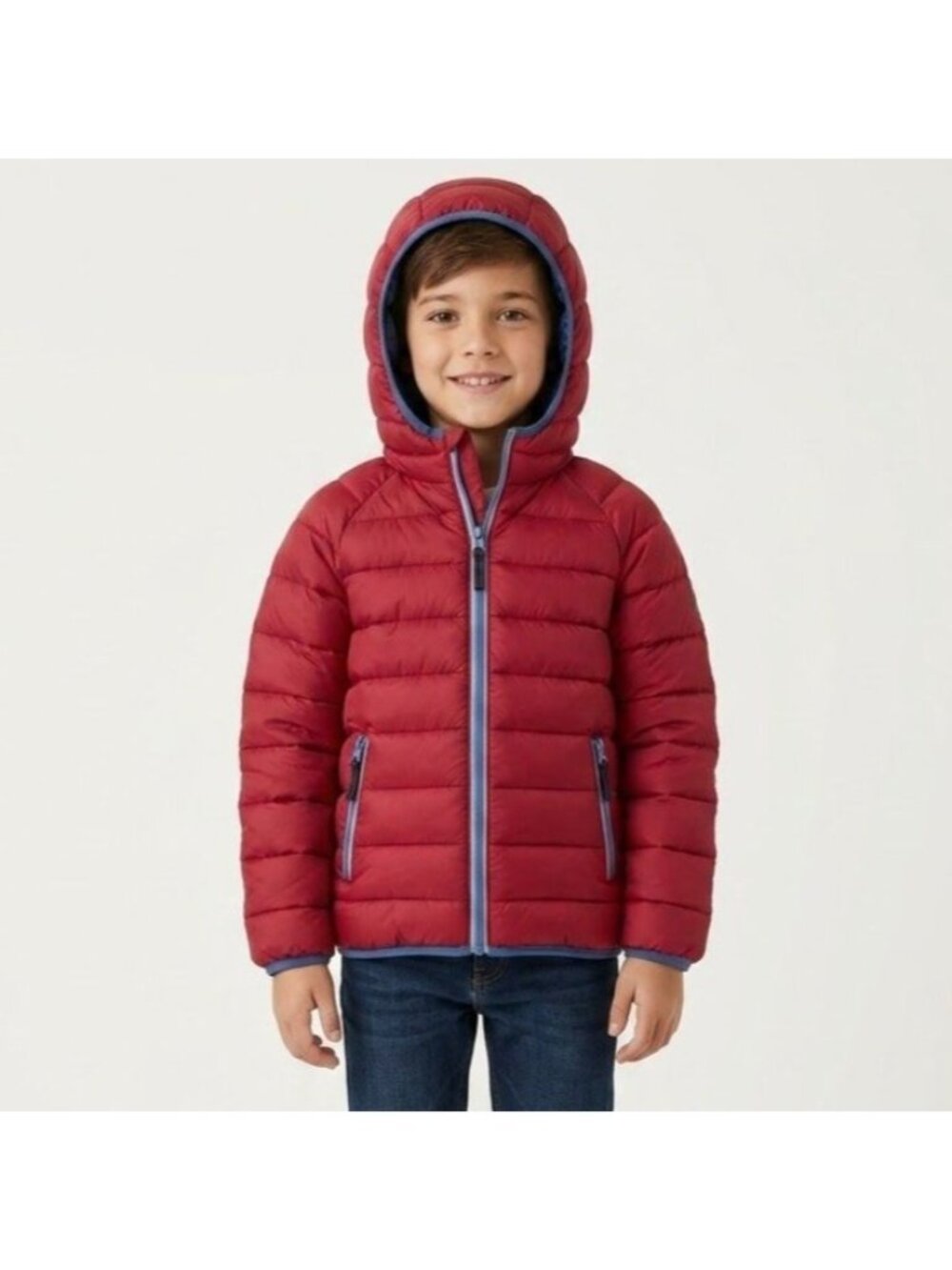 Mini Boden Kids Size 9-10 Years Red & Blue Full Zip Hooded Quilted Puffer Jacket